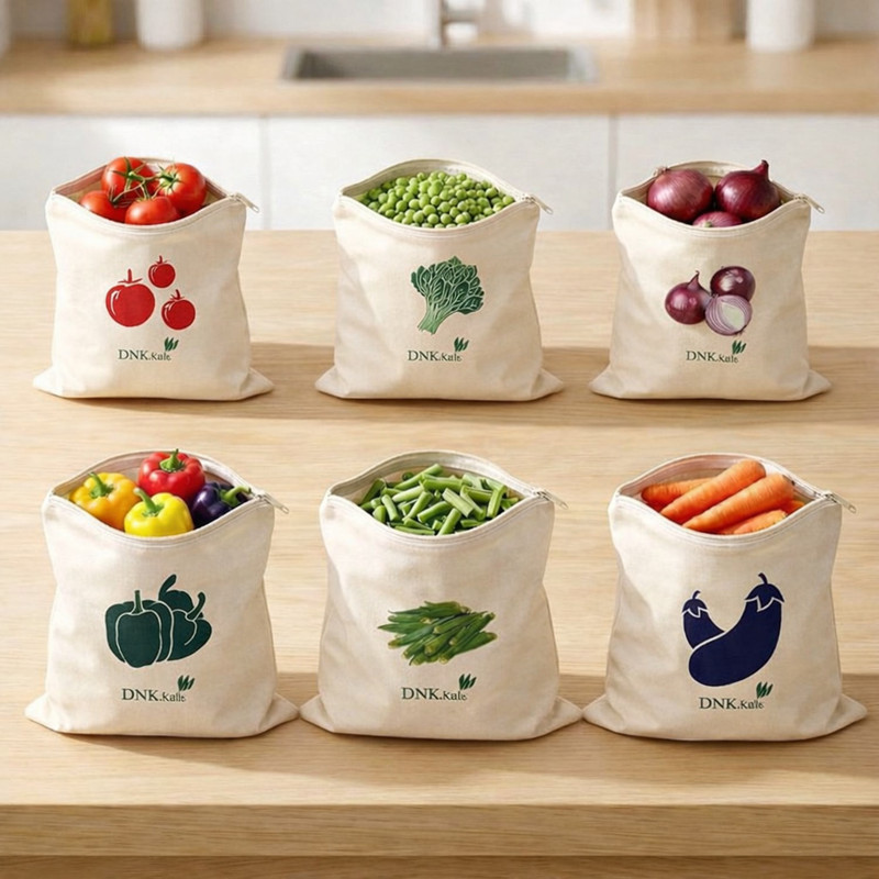 DNkitch Zipper Reusable 100% Cotton Vegetable Bags for Fridge Produce Storage Bags Pack of 6 Grocery Bags(White)