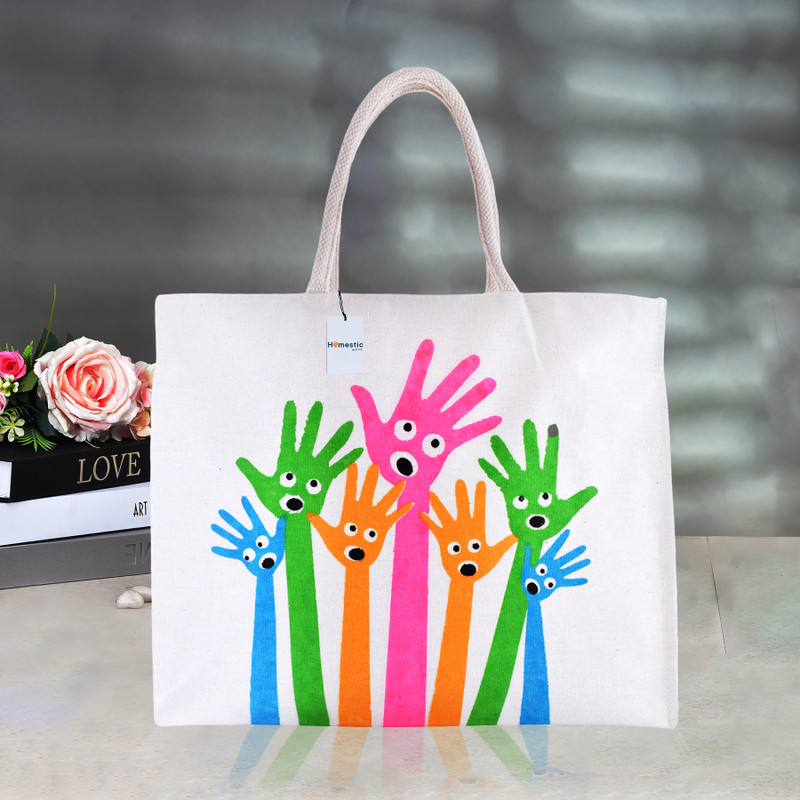 HOMESTIC Canvas Hands-Design Shopping Bag with Handle|Vegetable Bag|Large|White Grocery Bag(White)