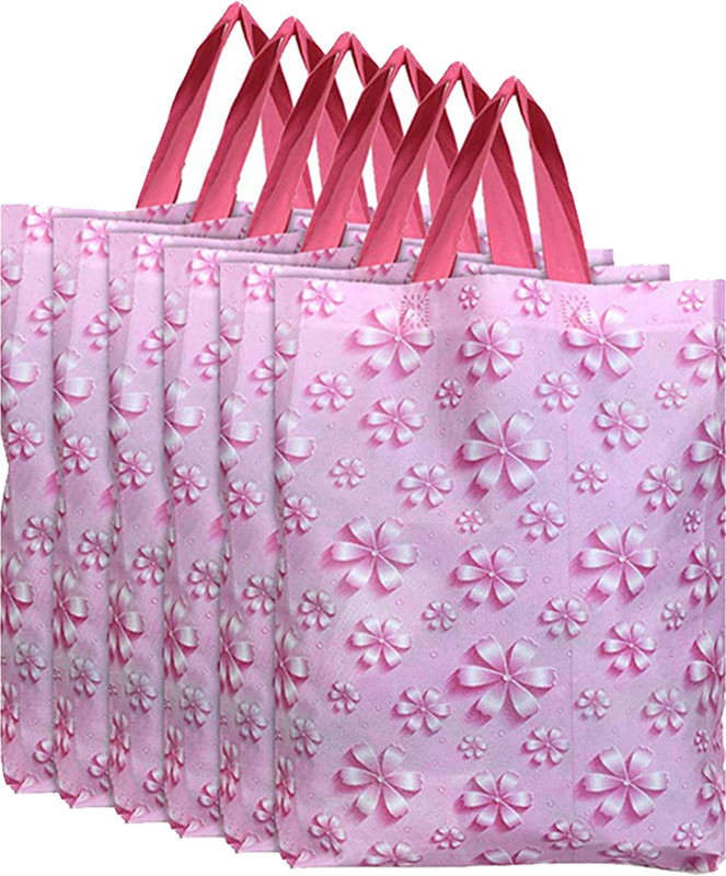 KUBER INDUSTRIES Gift Bag Flower Pattern Stylish Handbag With Handle|Large|Pack of 6|Pink Pack of 6 Grocery Bags(Pink)