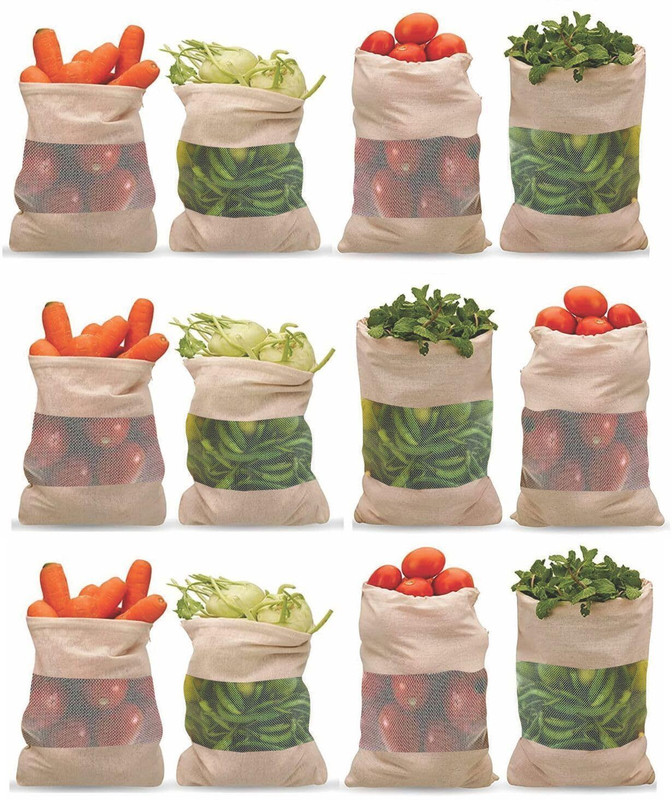 STARKENDY 12 Piece Cotton Vegetable Bags Fridge Storage Bag Sabji Fruits Pouch Pack of 10 Grocery Bags(Silver)