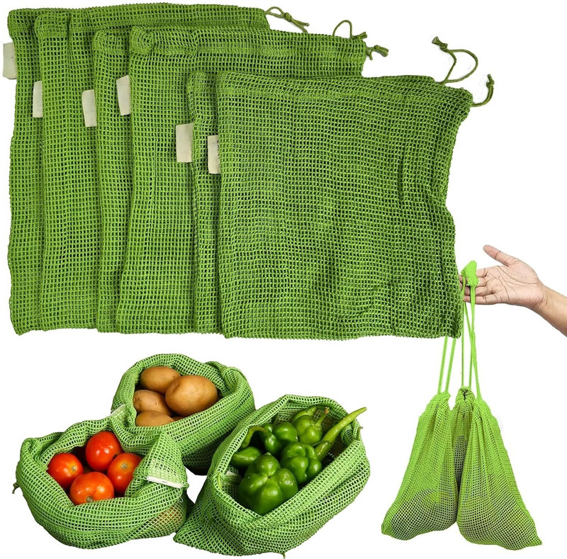 SRBecom Reusable Vegetable Storage Bags Set (6 pcs) – Breathable 100% Cotton Mesh Fridge Pack of 6 Grocery Bags(Green)