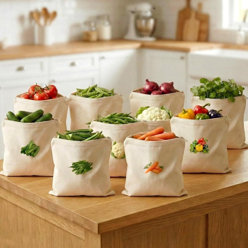 Dwiza Enterprise Reusable Pure Cotton Vegetable Storage Bags for Fridge, Breathable Eco Kitchen Pack of 10 Grocery Bags(White)