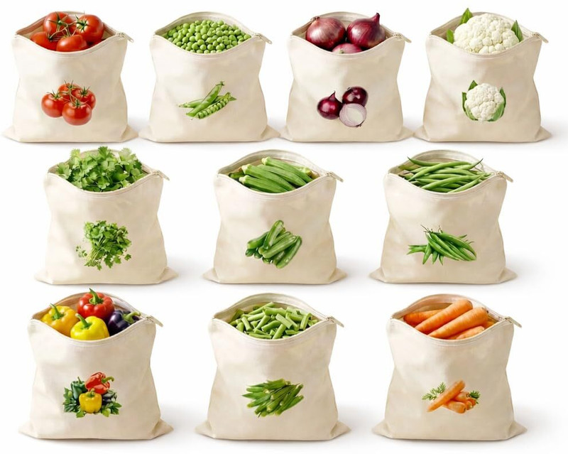PIXENZA PIXENZA 10 pcs Vegetable Storage Bag, 100% Cotton Plastic-Free Bags for Fridge Pack of 10 Grocery Bags(Beige)