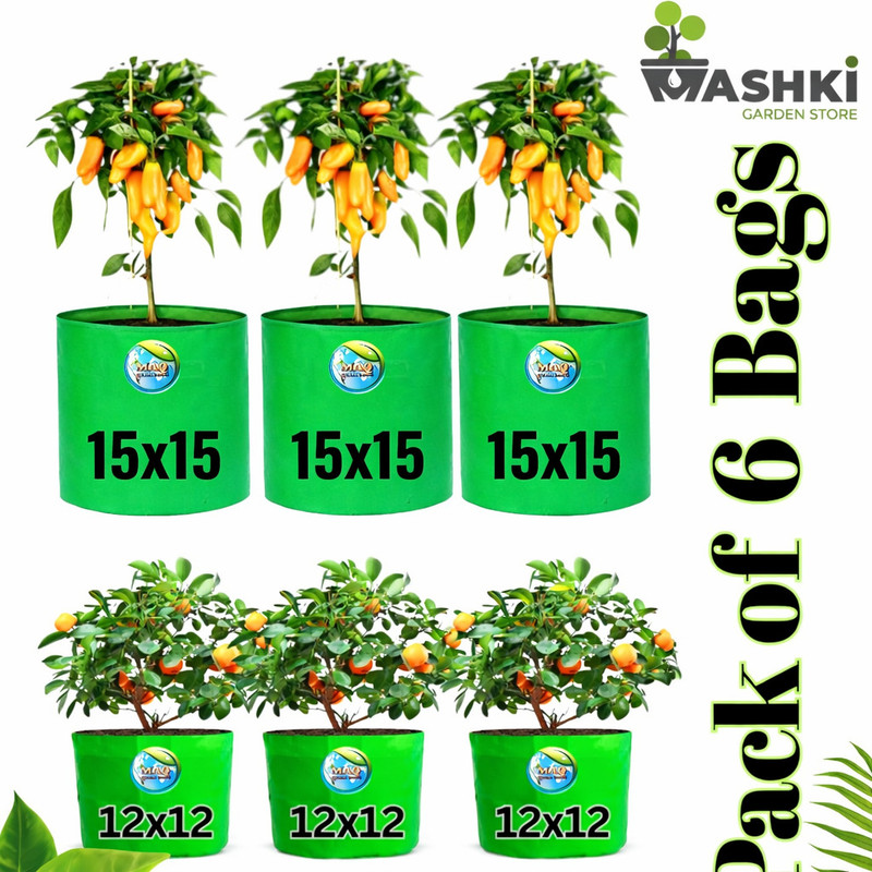 MASHKI 12" x 12" - 3nos, 15" x 15" - 3nos, Pack of 6 Grow Bags for, Home Gardening, Plant Bags Grow Bag