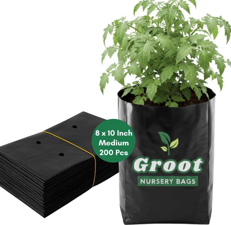 GROOT 8 X 10 inch 200 PCS Nursery Bags For Plants Plastic Poly Bag Grow Plant Black Grow Bag