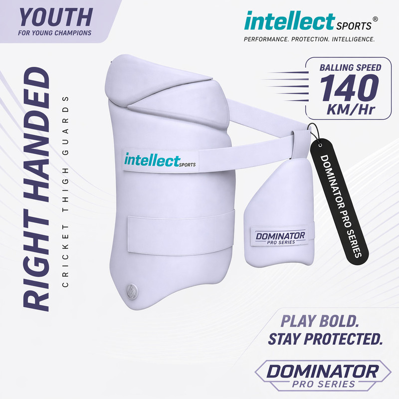 Intellect Creation Dominator Pro Guard Thigh Pad for Right hand Players– Height (5'2"-5'8") Cricket Thigh Guard(White)