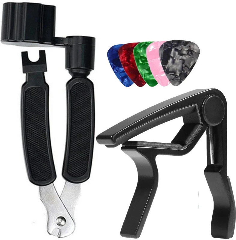 Urban Infotech Acoustic Stainless Steel Guitar String with Strind winder and Metal Alloy Clutch Guitar Capo(Multicolor)