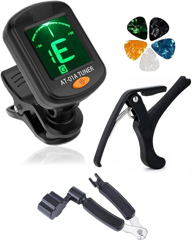 IMAGINEA Guitar Tuner, Metal Capo, 3-in-1 String Winder, String Cutter, Pin Puller &5Pick Clutch Guitar Capo(Multicolor)