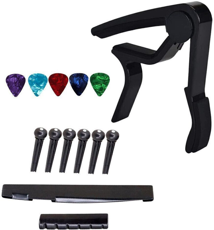 IMAGINEA Guitar Capo Combo with Guitar Bridge Saddle Set & 5 picks for Acoustic Guitar Clutch Guitar Capo(Black)