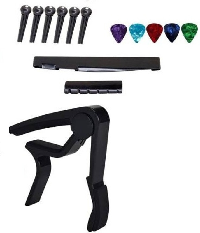 IMAGINEA Guitar Capo Combo with Guitar Bridge Saddle Set & 5 picks for Acoustic Guitar Clutch Guitar Capo(Black)