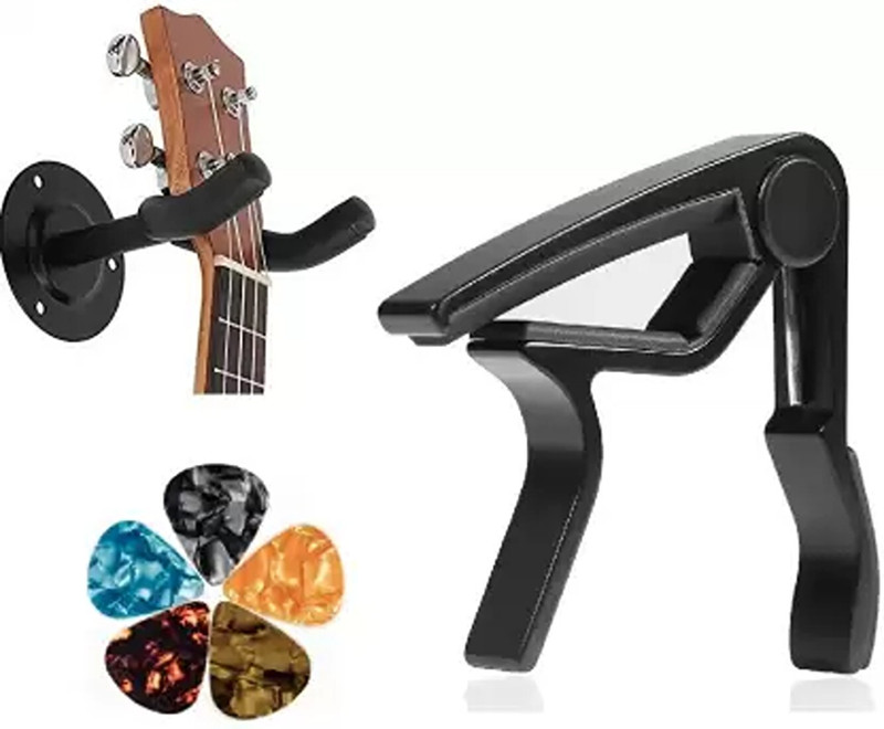 Music Mantra Guitar WALL Stand and Capo Combo, Clutch Guitar Capo(BLACK)
