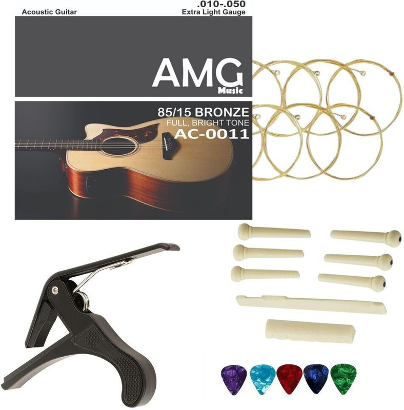 AMG Music Acoustic Guitar String Set with Picks and Guitar Capo with Guitar Saddle Set For Guitars Guitar String(6 Strings)