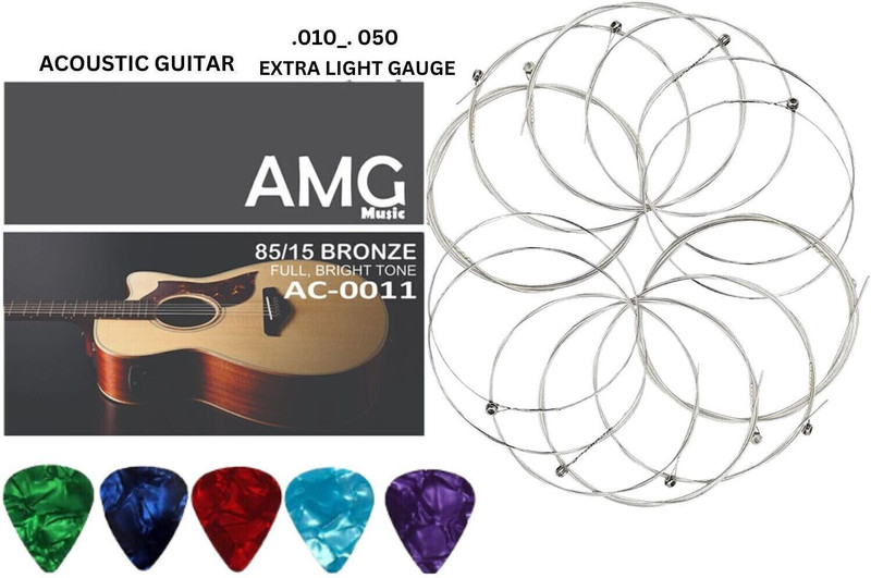 AMG Music Acoustic Guitar e 1st String Pack of 10 Light Stainless Steel String with 5 Picks Guitar String(Pack of 10, 10 Strings)