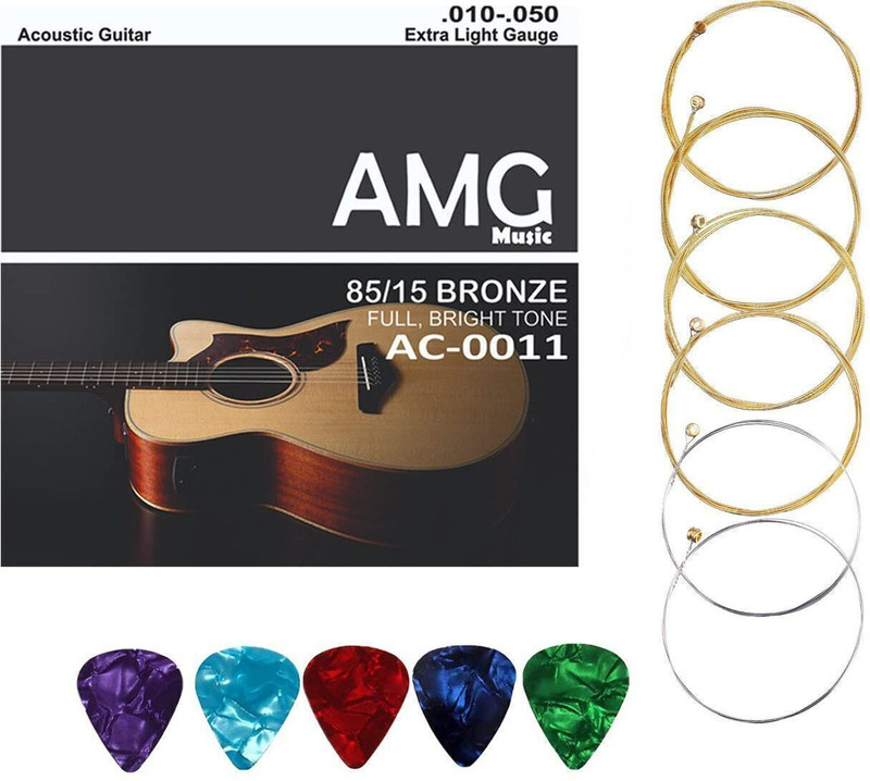 AMG Music Acoustic Guitar String for Acoustic Guitar Light Stainless Steel String Set 6 WITH NORMAL BRIGHT TONE Guitar String For Acoustic Guitar Guitar String Set with picks( Set of 6 ) Guitar String(Pack of 11, 6 Strings)