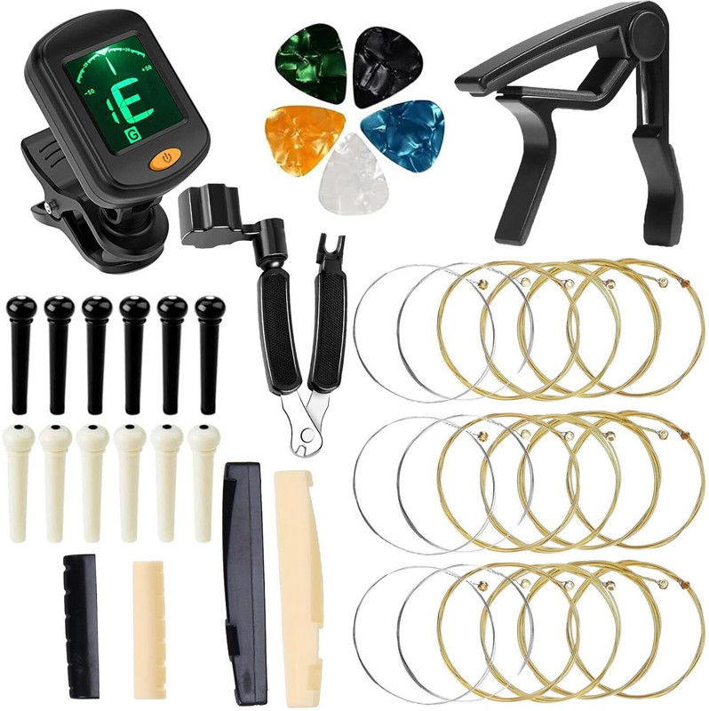IMAGINEA Acoustic Guitar Accessories Tool Kit, 3 Strings, Tuner, Capo, Winder Tool, Saddle Set Guitar String(6 Strings)