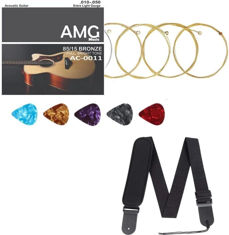AMG Music Acoustic Adjustable Guitar Strap with Replacement Acoustic Guitar String & 5 Picks Guitar String(6 Strings)