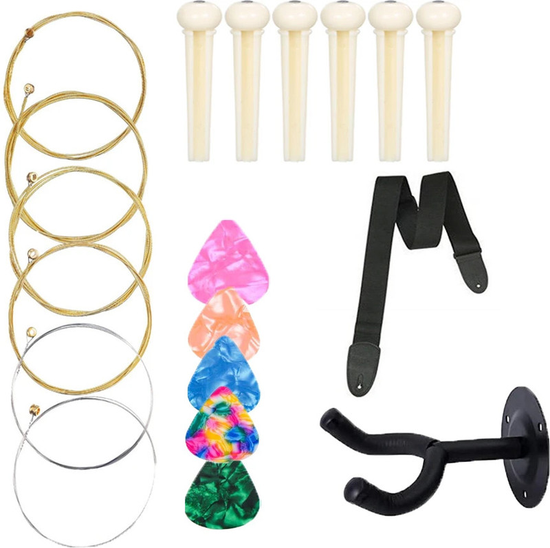 AMG Music Acoustic Guitar Bridge Pins &5Picks With Guitar Strap Belt &Guitar Hanger Full Set Of Guitar String(6 Strings)