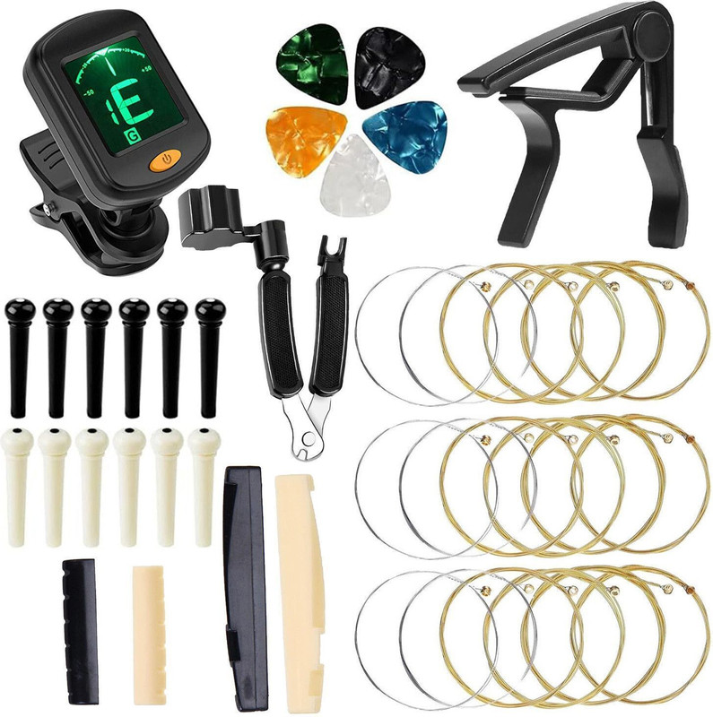 IMAGINEA Acoustic Guitar Accessories Tool Kit, 3 Strings, Tuner, Capo, Winder Tool, Saddle Set Guitar String(6 Strings)