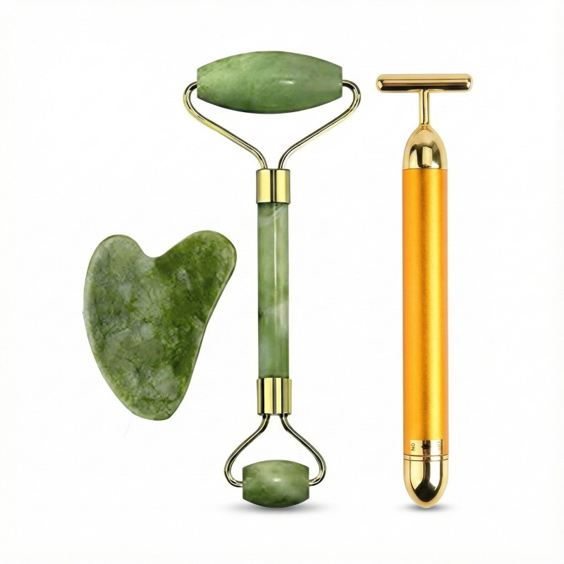 DR.VS 2-in-1 Jade Roller, Gua Sha & 24K T-Shape Face Massager Kit