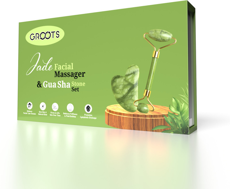 Groots Natural Jade Stone Facial Roller Massager with Gua Sha Tool for Face Eye Neck