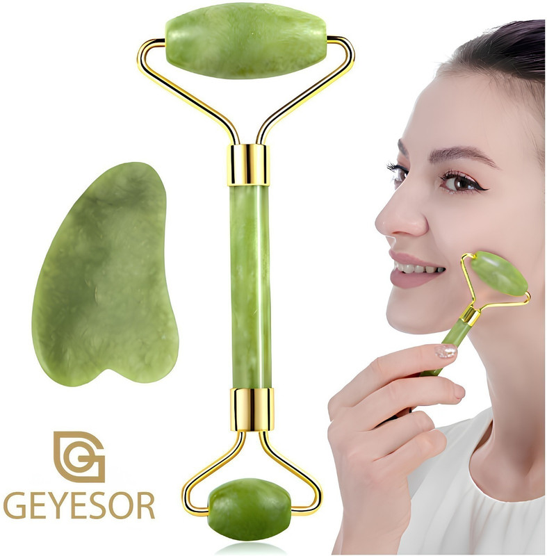 GEYESOR Face Roller for Glowing Skin & Gua Sha Stone Set – Face Massage Roller
