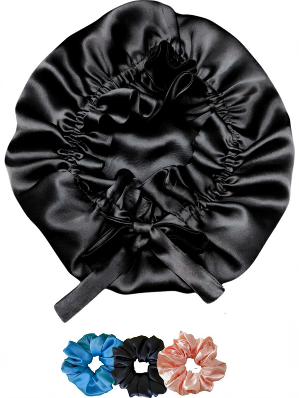 URBAN OX Premium Satin Sleep Bonnet for Women – Adjustable Tie Band & 3 Scrunchies Hair Accessory Set(Copper)