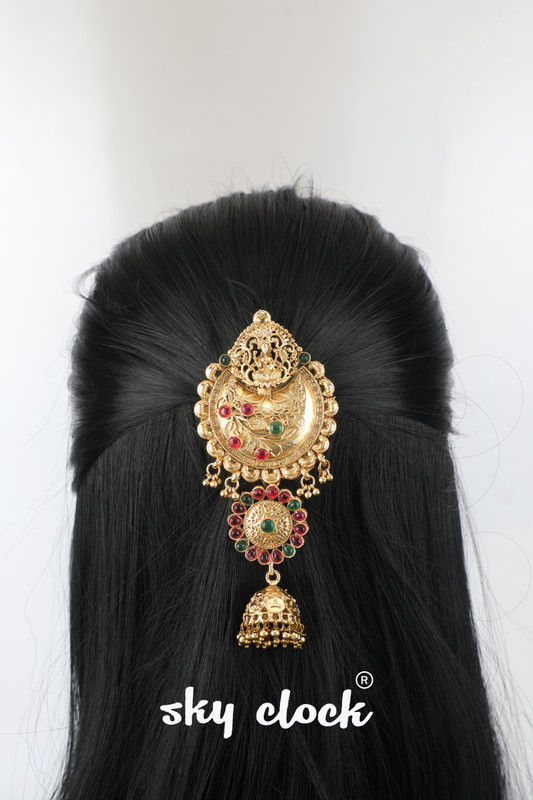sky clock 22K Gold Plated Ruby Pink & Emerald Green Stone Studded Laxmi Chandra Design Hair Accessory Set(Gold) - 47% off at DetectaDeal