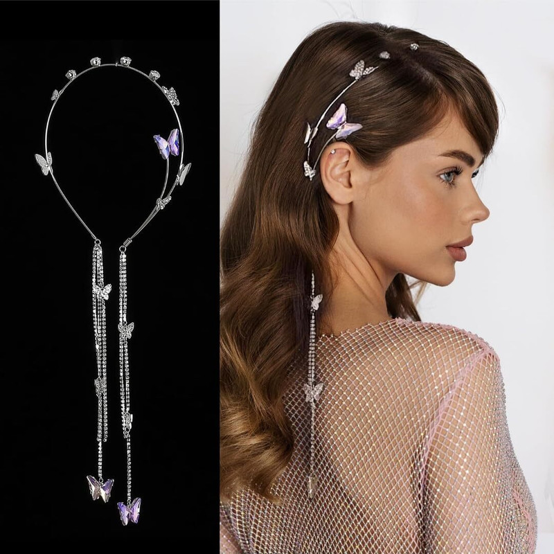 Jewilley Butterfly Pearl Tassel Rhinestone Chain Crystal Western Hairband Fancy Tiara Hair Band