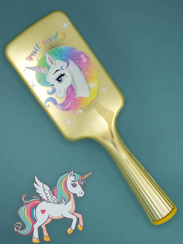 Disney By Yellow Bee Eye-Catching Unicorn Hair Brush with Mirror Attachment for Girls- Golden