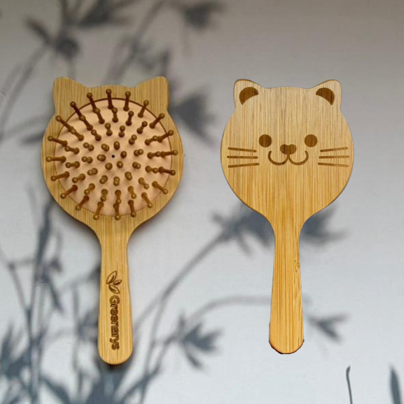 Greenarys Bamboo Kids Cat Face Paddle Hair Brush, Soft Wooden Pins for Gentle Grooming