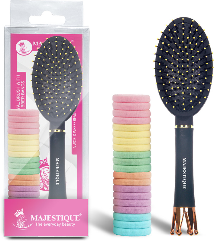 MAJESTIQUE Oval Detangling Royal Brush with 20 Multicoloured Rubber Bands - Pack of 2