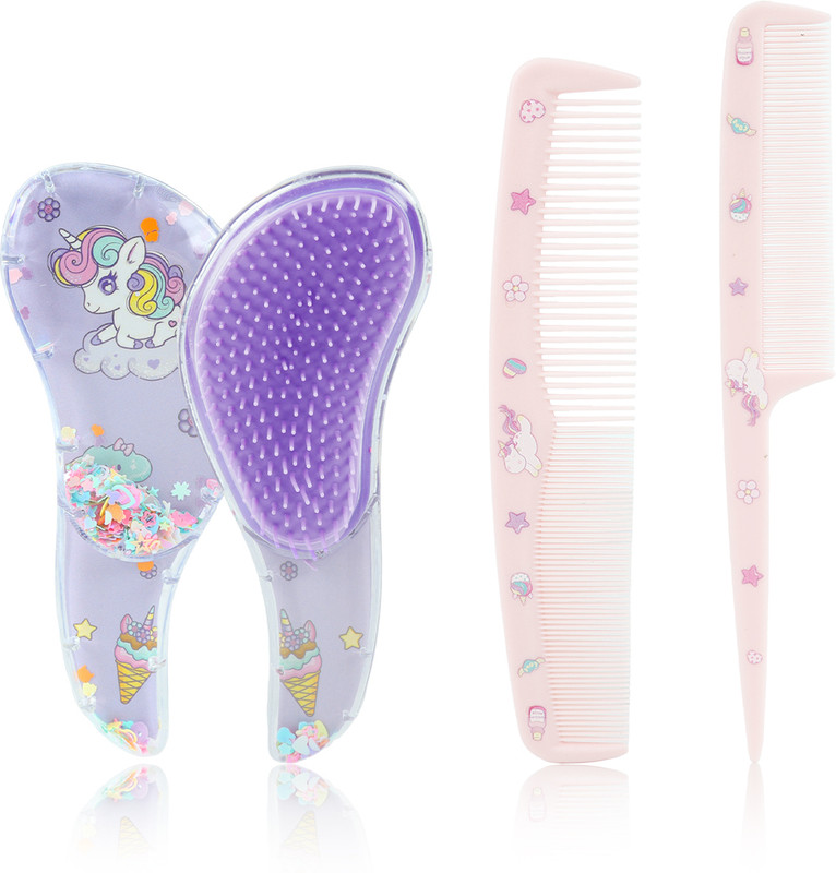 Zibuyu Girls 3 Piece Unicorn Hair Brush and Comb Set for Detangling and Styling