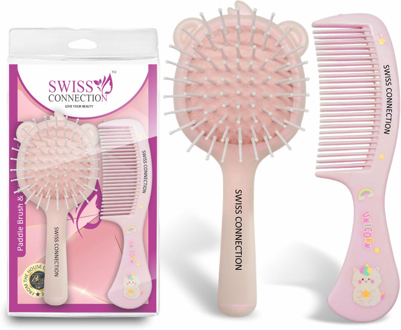 Swiss Connection Children's Hair Styling Kit Soft Paddle Brush Wide-Tooth Comb for Knot-Free Hair