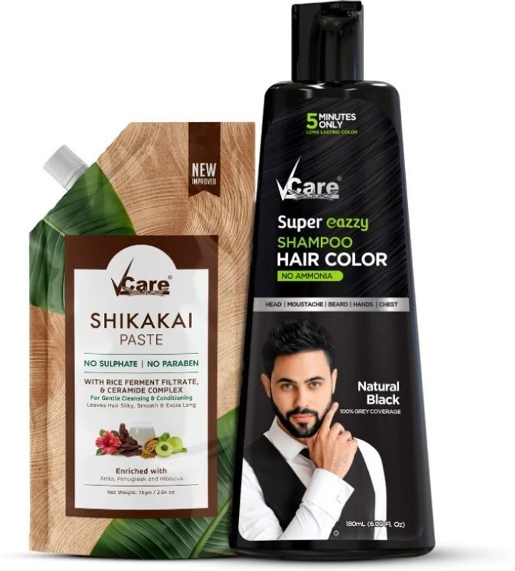 Vcare Shikakai Paste 75g and Super Eazzy Hair Color Shampoo 180ml Natural Black Combo , Black