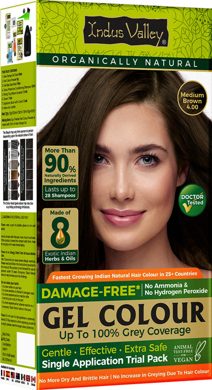 Indus Valley Damage Free Gel Hair Colour Medium Brown Grey Coverage Hair Color Trial Pack , Medium Brown