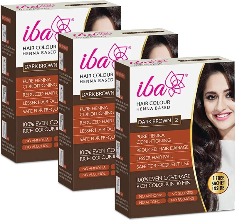 Iba Henna Based Hair Colour For Women, Long Lasting & Ammonia-Free 3 x 70g (210g) , Dark Brown