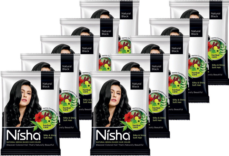Nisha Natural henna based hair color 10 gm each Sachet (Pack of 10) Permanent Natural Black , Natural Black