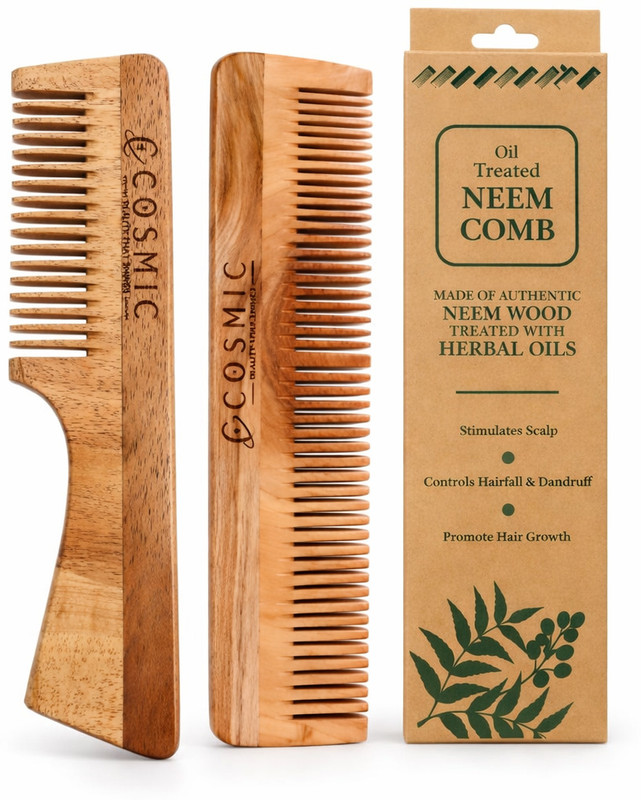 COSMIC Neem Wood Comb Set Pack of 2 Wide Tooth Handle Comb and Dual Tooth Comb