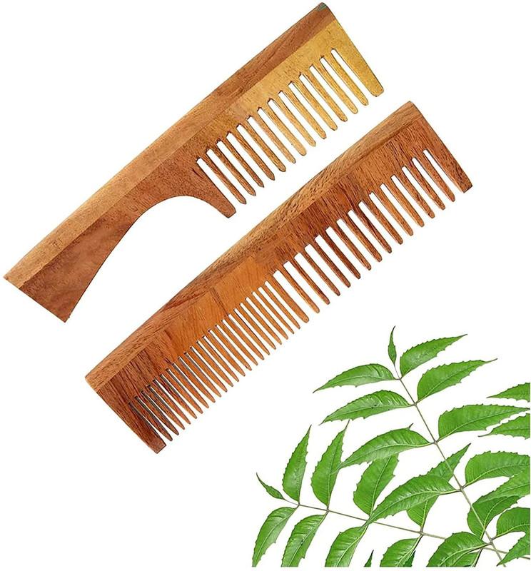 hinik neem wood comb 2 pcs combo pack of unisex dual teeth kanghee and handle comb