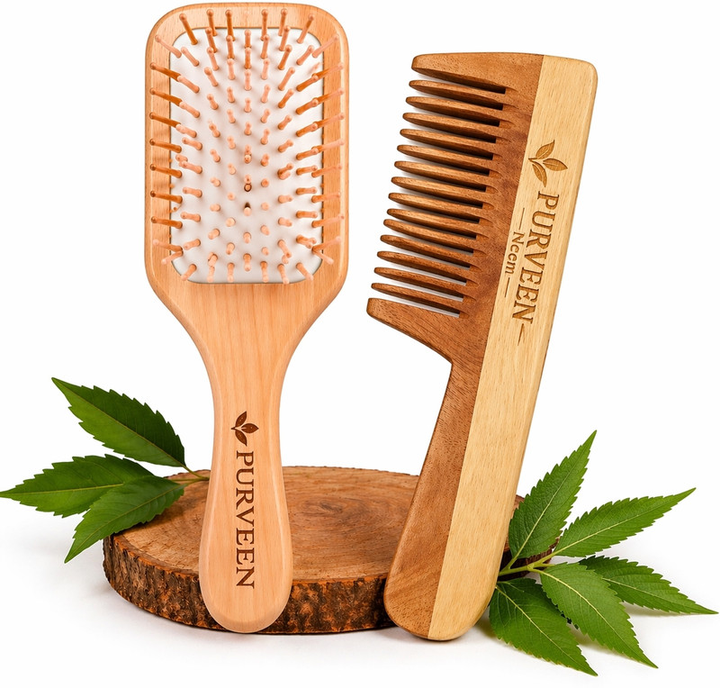 Purveen Neem Wooden Hair Brush & Comb Combo Set (2 in 1) for Men & Women