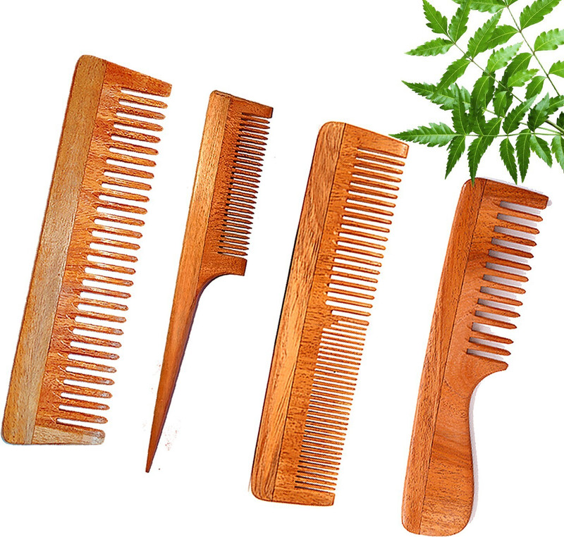 DREAMWIND Neem Wooden Comb Set For Women & Men (Wide Tooth Comb + Regular Comb + Tail Comb + Wide Tooth Handle Comb) (Pack of 4)