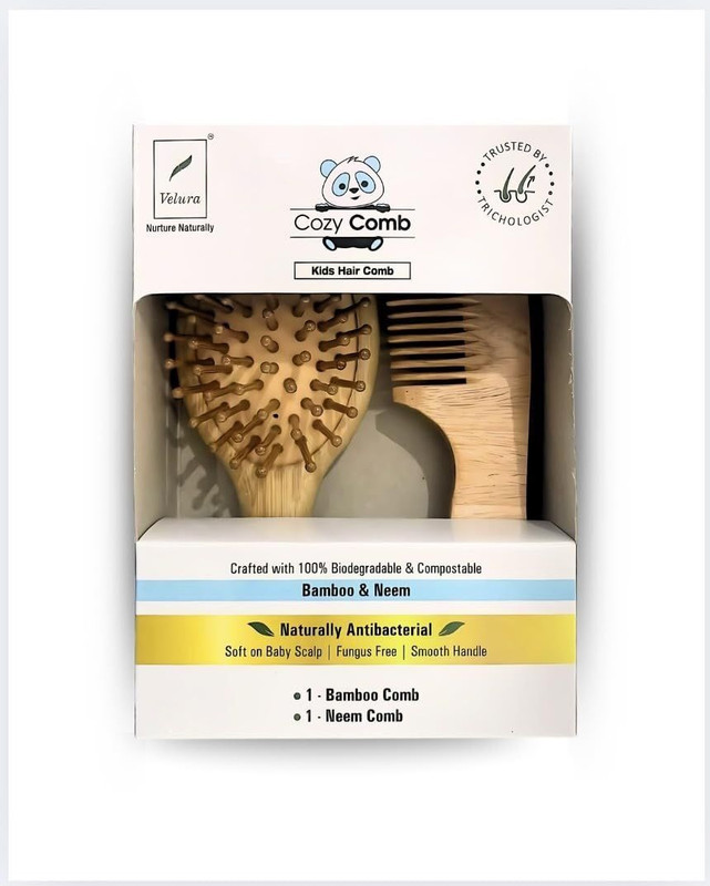 Velura Baby Hair Cozy Comb, Gentle & Soft Bristles [Pack of 2 - Made of Bamboo & Neem]