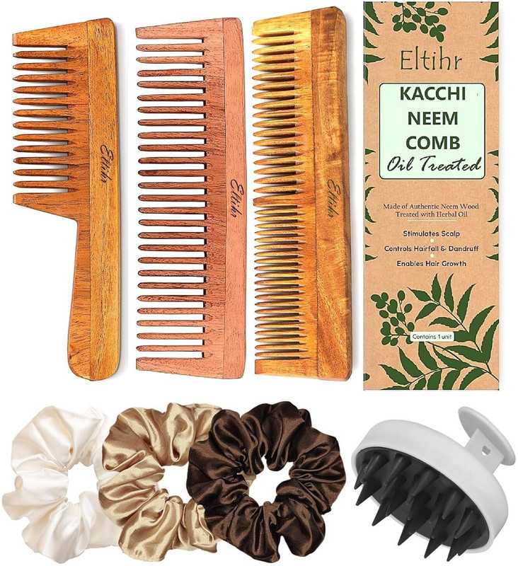 Eltihr Pack Of 7 Kacchi Neem Comb, Wooden Comb Hair Growth, Hairfall, Dandruff Control