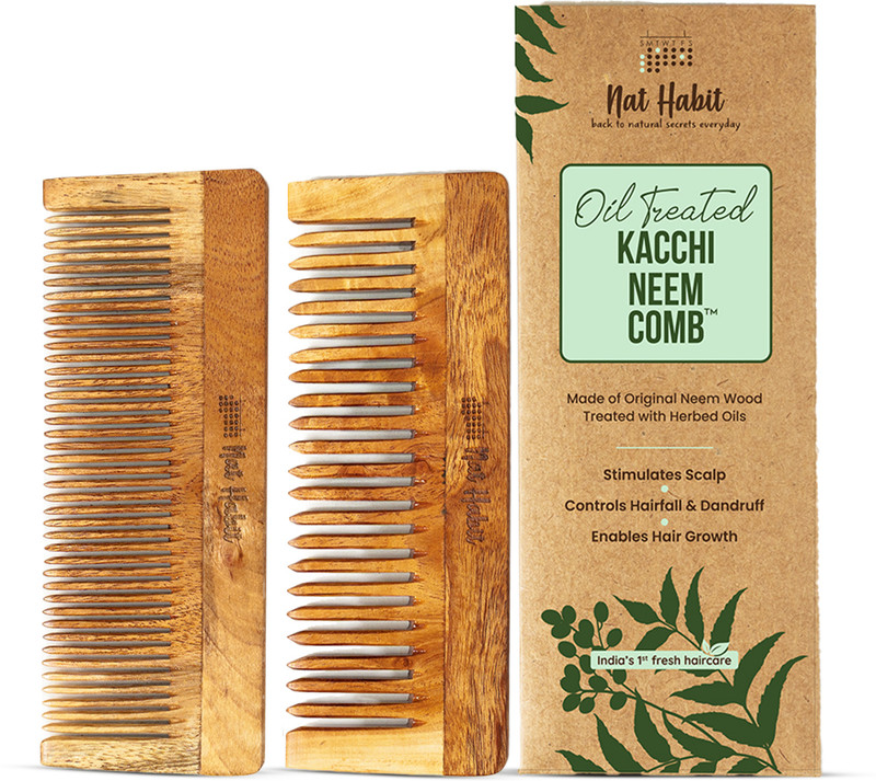 Nat Habit Kacchi Neem Wooden Comb Combo For Post Shampoo Detangling + Daily Styling -Small