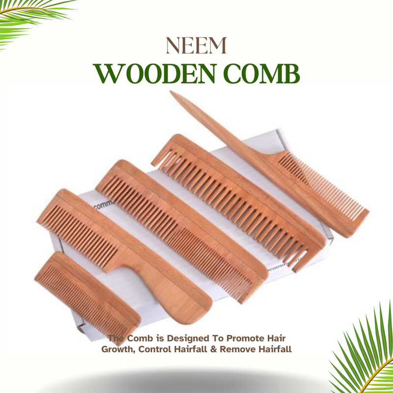 DAUMI Kacchi Neem Organic Wood Combs 100% Handmade, Anti-Dandruff (Pack of 5)