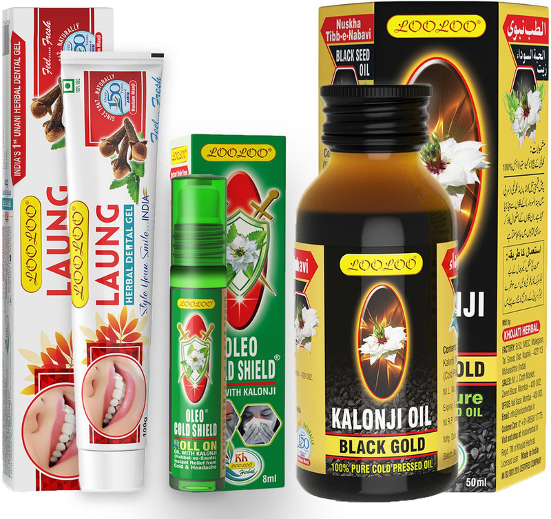 looloo Black Gold Kalonji Oil-50ml| Oleo Cold Shield Oil-8ml|Dental Laung Gel - 100gm(3 Items in the set)