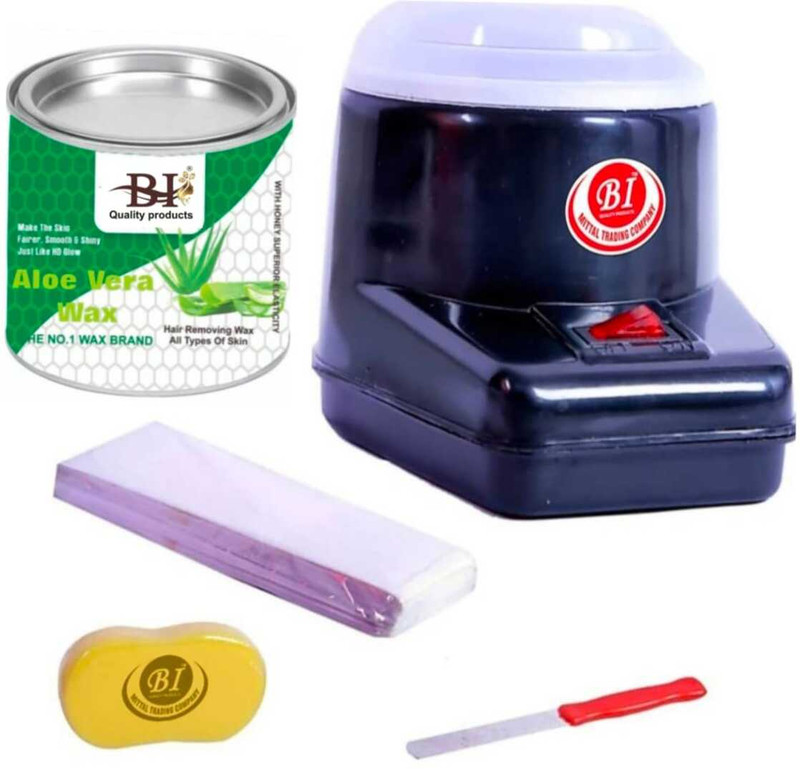 BI - QUALITY PRODUCT THE ALOEVERA WAX COMBO WITH BLACK WAX HEATER , 600G ALOEVERA WAX , 70 WAX STRIPS , 1 WAX KNIFE , 1 BATH SPONGE Wax(500 g, Set of 5)