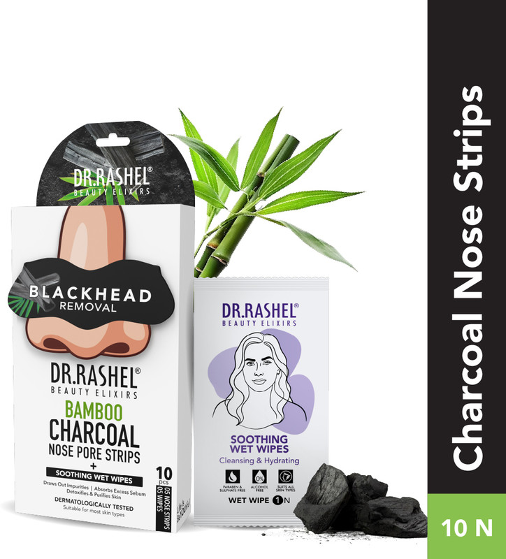 DR.RASHEL Bamboo Charcoal 5 Nose Strip & 5 Wet Wipes for Whiteheads & Blackheads Remover Strips(10 Strips)
