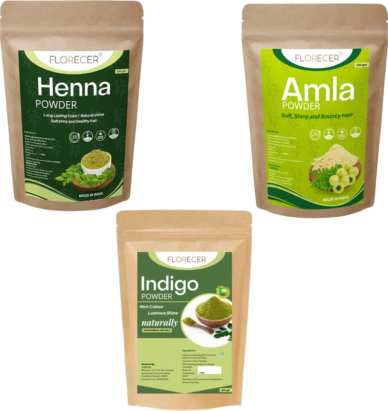 FLORECER Organic Indigo, Henna And Amla Powder For Hair Care| Hair Color- Each 100 Gram(300 g)