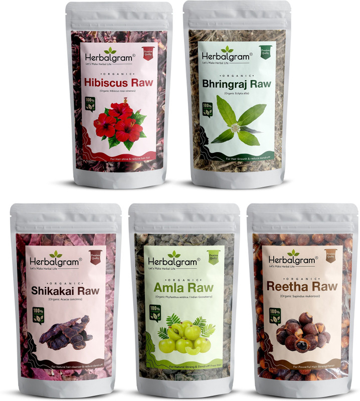 Herbalgram Organic Amla Reetha Shikakai Bhringraj Hibisucs (Row Form) - Combo Pack of 5(500 g)